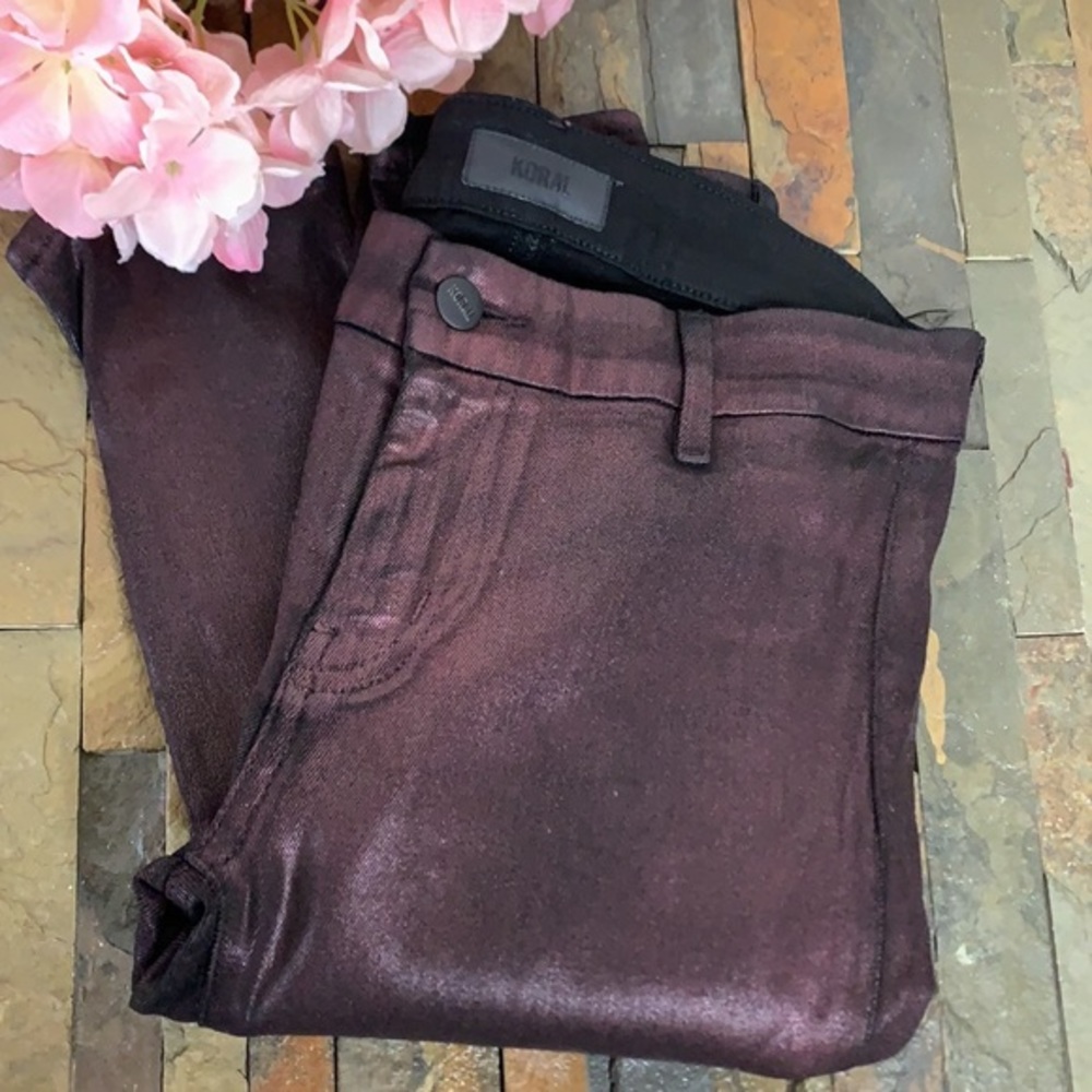 KORAL Skinny Coated Stretch Jeans, plain pkt, beautiful burgundy w/ sheen, Sz 28